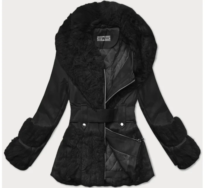 Černá dámská bunda z eko kůže s límcem l 21248885 - WAY MODE