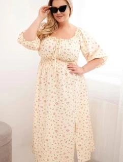 Dámská plus size šaty s výstřihem na šňůrky a elastickým pasem žlutá