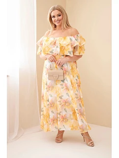 Dámské plus size maxi šaty s volánem typu off-shoulder a s elastickým pasem žlutá
