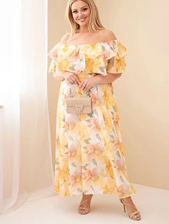 Dámské plus size maxi šaty s volánem typu off-shoulder a s elastickým pasem žlutá