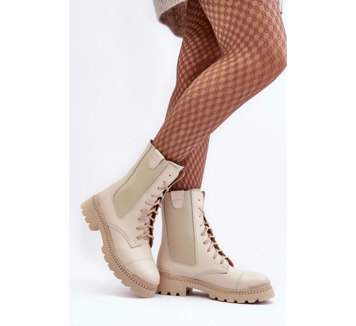 Kožené Dámské Botky Workery Šněrovací Světle Béžové Nicole model 21636175 - Boto Kožené Dámské Botky Workery Šněrovací Světle Béžové Nicole model 21636175 - Boto