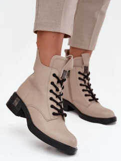 Kožené dámské boty na nízkém podpatku model 21713386 Béžové - VINCEZA