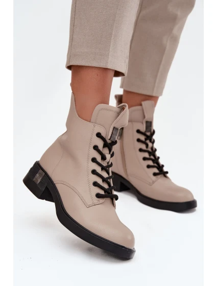 Kožené dámské boty na nízkém podpatku model 21713386 Béžové - VINCEZA