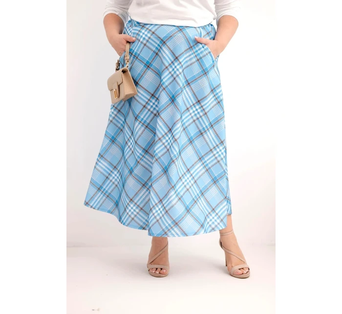 Dámská sukně Plus Size s širokým lemem kostkovaná modrá