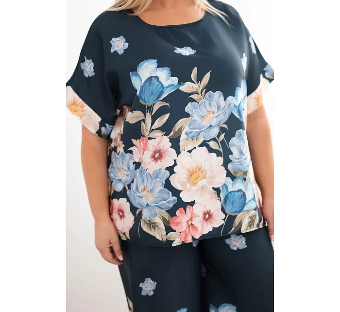 Dámský komplet Plus Size s halenkou a kalhotami s květinovým vzorem a širokými nohavicemi model 22069961 - K-Fashion