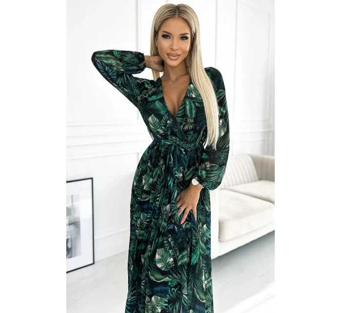 511-1 Plisované šifonové dlouhé šaty s výstřihem, dlouhými rukávy a páskem - GREEN LEAVES