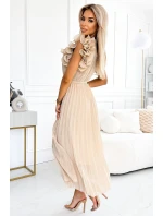 Béžové dámské plisované šifonové midi šaty s výstřihem a volánky model 20171428 - numoco basic