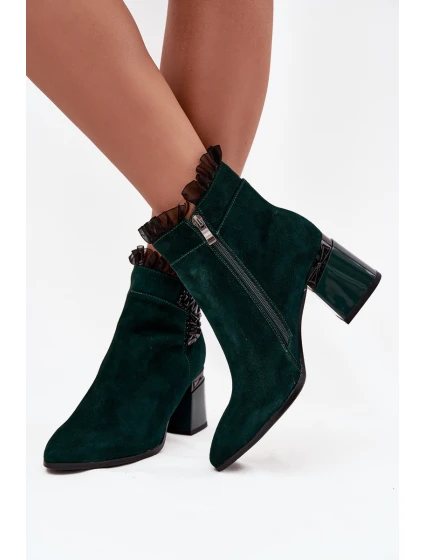 Semišové kožené dámské kotníkové boty na jehlovém podpatku s ozdobou vyhřívané model 21718444 tmavě zelená - D&A