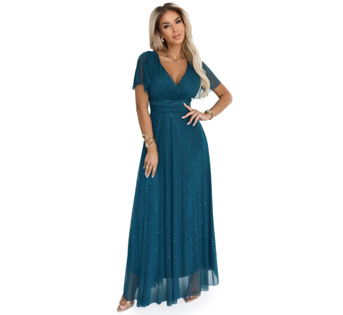 Dlouhé třpytivé šaty 635-1 MELANIA lahvově zelené - Numoco