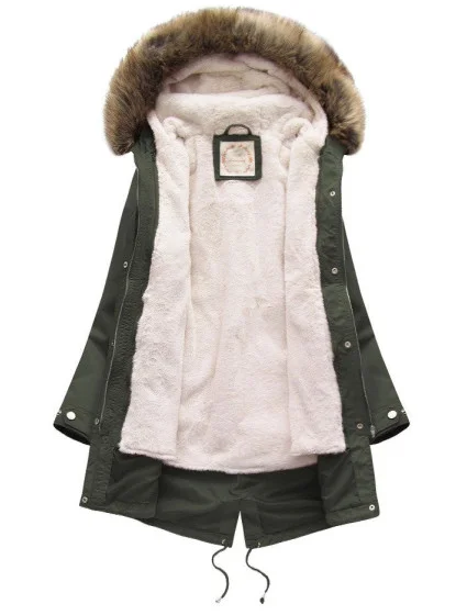 Dámská zimní bunda parka v army barvě s kapucí a odepínací kožešinovou podšívkou model 21242121 - Libland