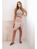 Dámská pruhovaná bavlněná sukně s rozparkem a ozdobnými knoflíky béžová