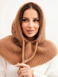 Dámská čepice s kapucí, zavazováním a copánkovým vzorem tmavě camelová