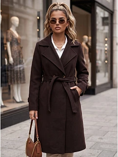 Dlouhý dámský dvouřadý kabát s páskem, čokoládově hnědý, FashionStreet NY0804