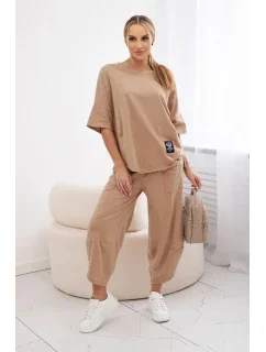 Bavlněný komplet halenka + kalhoty Velbloud