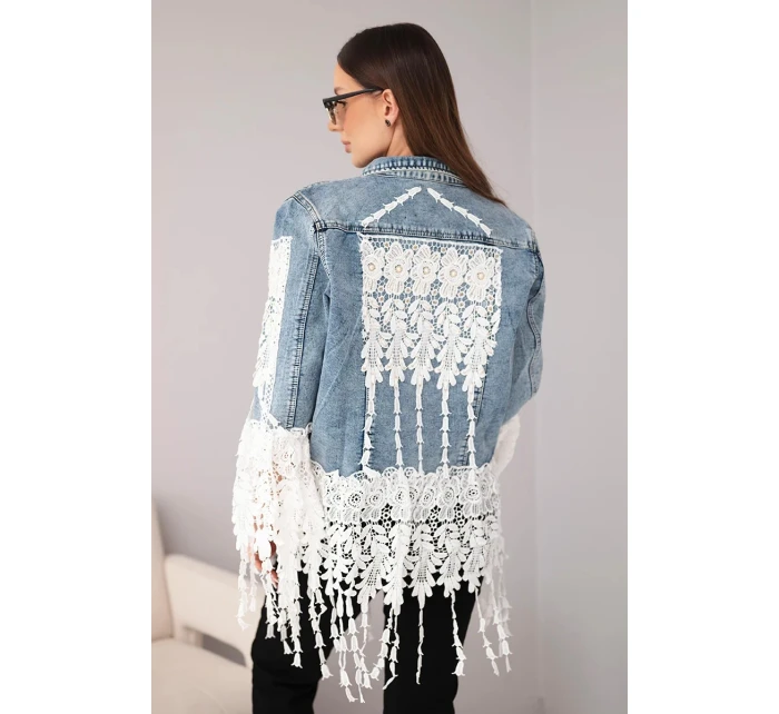 Dámská džínová bunda bavlněná s krajkou a třásněmi tmavě džínová