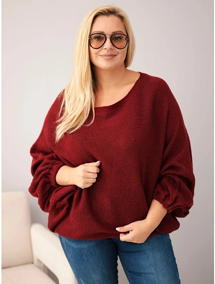 Dámský svetr Plus Size s přídavkem vlny v volném střihu bordó