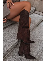 Dámské zateplené kozačky cowboy na podpatku s vytočenou horní částí čokoládové Julena Dámské zateplené kozačky cowboy na podpatku s vytočenou horní částí čokoládové Julena