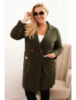 Dámský elegantní plášť Plus Size s límcem a velkými kapsami khaki