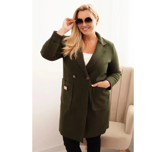 Dámský elegantní plášť Plus Size s límcem a velkými kapsami khaki
