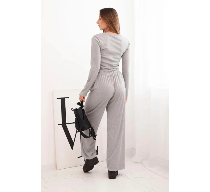 Dámská viskózová souprava s halenkou a širokými kalhotami šedá