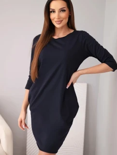 Dámské bavlněné šaty s 3/4 rukávem a kapsami tmavě modré