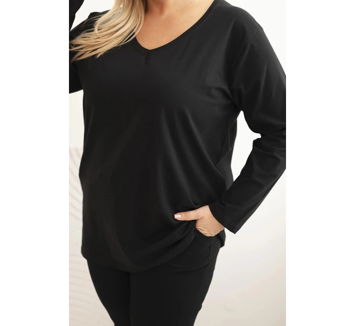 Dámská blůza Plus Size s výstřihem do V a dlouhým rukávem černá