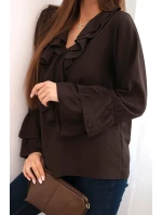 Dámská blůza z viskózy s volány a dlouhým rukávem hnědá Dámská blůza z viskózy s volány a dlouhým rukávem hnědá