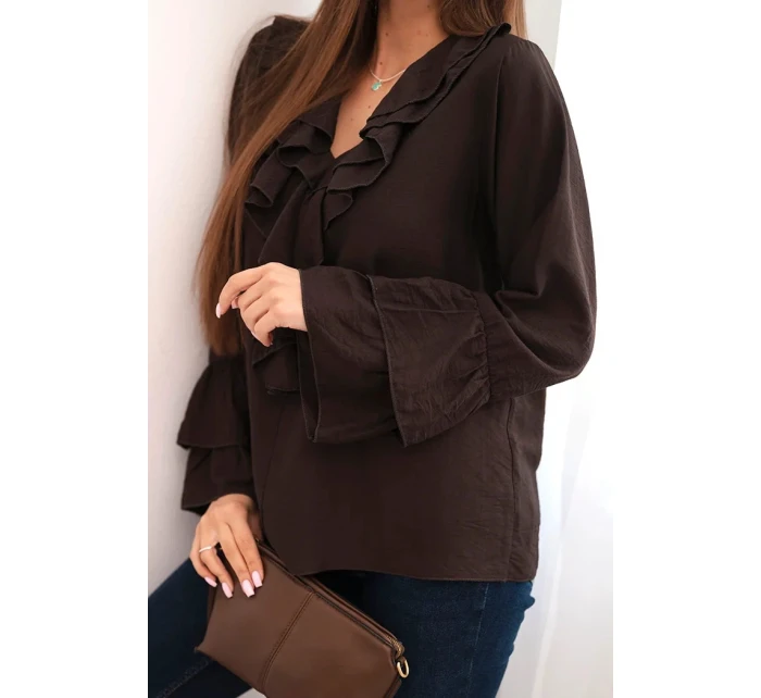 Dámská blůza z viskózy s volány a dlouhým rukávem hnědá Dámská blůza z viskózy s volány a dlouhým rukávem hnědá