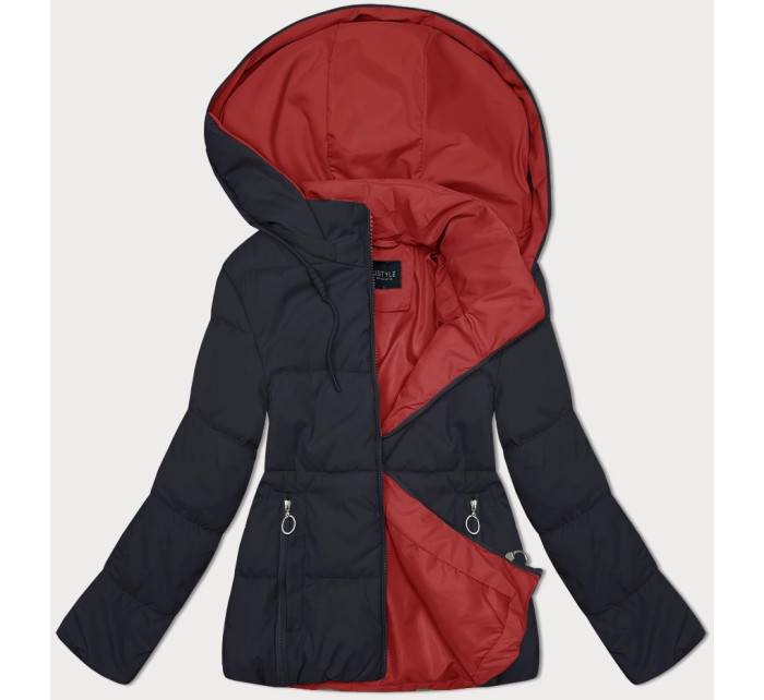 Tmavě modro-červená oboustranná dámská krátká bunda s kapucí (16M2153-215)