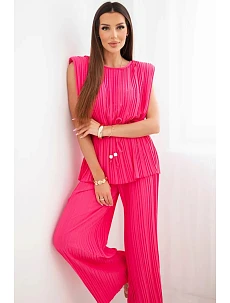 Dámský viskózový plisovaný komplet s vázací halenkou a širokými kalhotami růžový