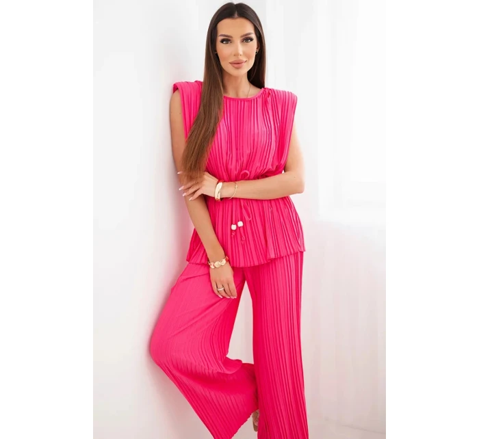 Dámský viskózový komplet s halenkou a širokými kalhotami růžový model 22025284 - K-Fashion Dámský viskózový komplet s halenkou a širokými kalhotami růžový model 22025284 - K-Fashion