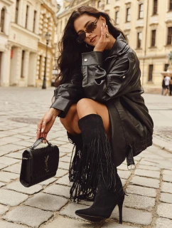 Dámské kozačky na jehlovém podpatku s třásněmi černé model 21709824 - Boto