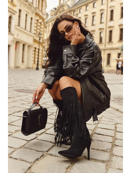 Dámské kozačky na jehlovém podpatku s třásněmi černé model 21709824 - Boto