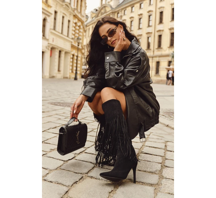 Dámské kozačky na jehlovém podpatku s třásněmi černé model 21709824 - Boto