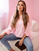 Lněná dámská halenka s květinovým vzorem, dlouhými rukávy a knoflíky Cukrová růžová