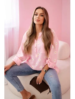 Lněná dámská halenka s květinovým vzorem, dlouhými rukávy a knoflíky Cukrová růžová