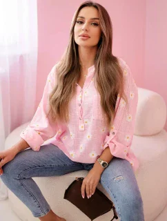 dámská halenka s květinovým vzorem, dlouhými rukávy a knoflíky růžová model 21188653 - K-Fashion