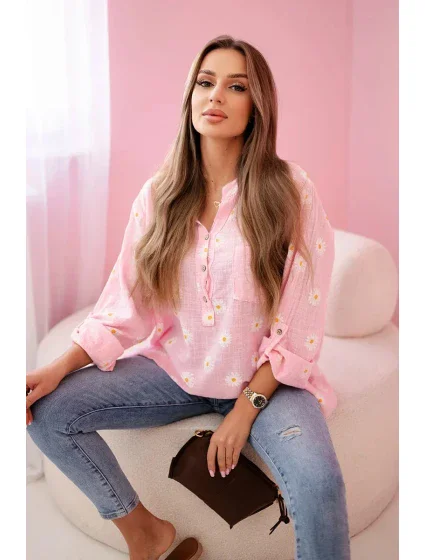 Lněná dámská halenka s květinovým vzorem, dlouhými rukávy a knoflíky Cukrová růžová Lněná dámská halenka s květinovým vzorem, dlouhými rukávy a knoflíky Cukrová růžová