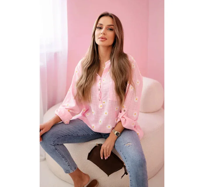 Lněná dámská halenka s květinovým vzorem, dlouhými rukávy a knoflíky Cukrová růžová Lněná dámská halenka s květinovým vzorem, dlouhými rukávy a knoflíky Cukrová růžová