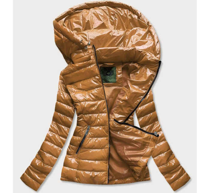 Krátká prošívaná dámská bunda v hořčicové barvě s kapucí (CAN-333)