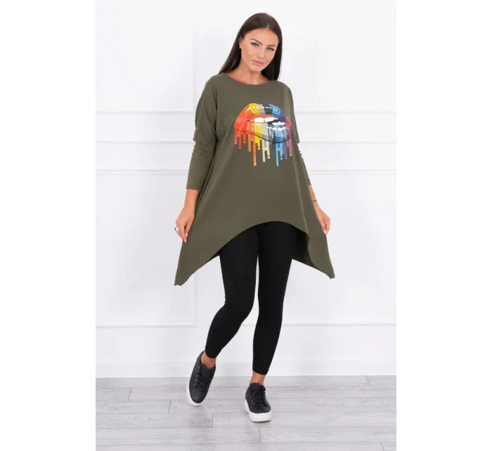 Oversize halenka s duhovým potiskem rtů v barvě khaki