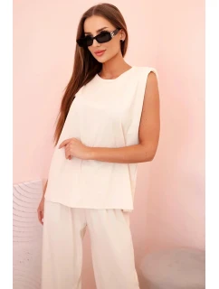 Dámský komplet z viskózy bez rukávů a rovnými kalhotami světlý béžový