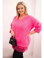 Dámská souprava svetr s výstřihem do V a viskózová blůza s krajkovým spodním lemem růžový neon Dámská souprava svetr s výstřihem do V a viskózová blůza s krajkovým spodním lemem růžový neon