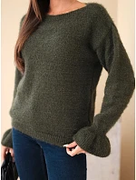 Dámský svetr s model 22342328 a vlnou s volánem na rukávech khaki - K-Fashion Dámský svetr s model 22342328 a vlnou s volánem na rukávech khaki - K-Fashion