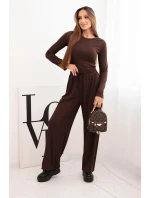 Dámský viskózový komplet s blůzou a širokými kalhotami hnědý