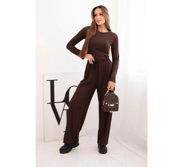 Dámský viskózový komplet s blůzou a širokými kalhotami hnědý