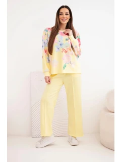 Dámský máslový viskózový komplet s květinovým vzorem se širokými nohavicemi žlutý