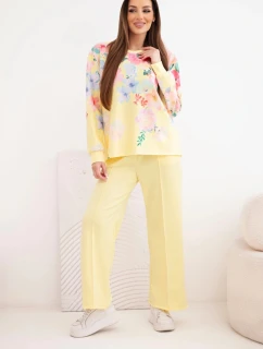 Dámský máslový viskózový komplet s květinovým vzorem se širokými nohavicemi žlutý