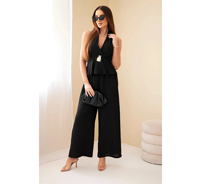 Dámský viskózový komplet s vázaným topem a kalhotami se širokou nohavicí černý