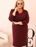 Dámská Plus Size šaty máslová s výstřihem do V a rukávem bordó